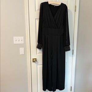 Black Long-Sleeve V-Neck Jumpsuit with Gold Studded Cuffs